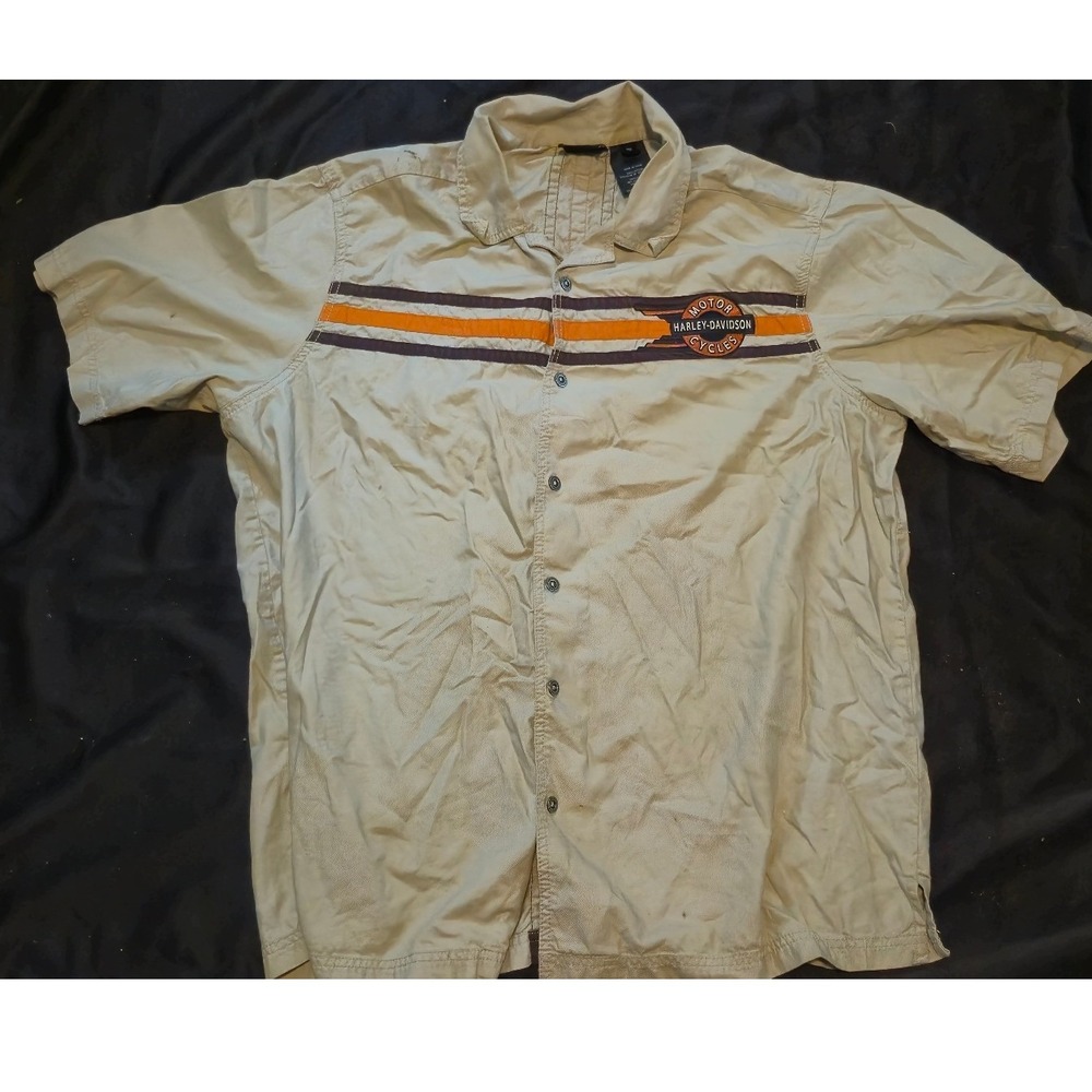 Harley-Davidson Mens XL Tall Khaki Button Up Shirt Racing Stripe Patch